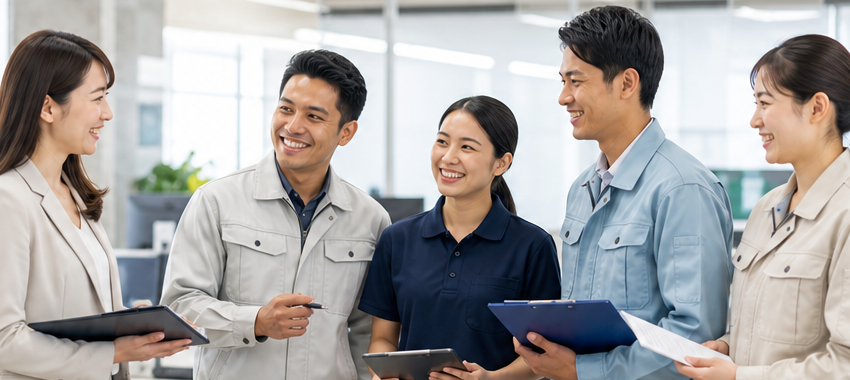 外国人材と企業担当者が仕事について確認している様子